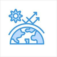 A blue line icon of the earth with arrows and a sun vector
