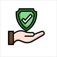 A hand holding a green shield with a tick mark vector