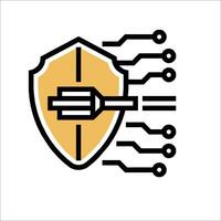A shield with a computer and a computer cable vector