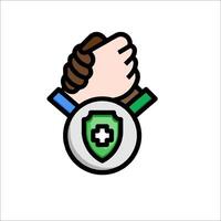 Two hands holding a shield and a green cross vector