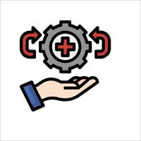 A hand holding a gear with a red cross on it vector