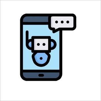 A robot is talking to a phone with a speech bubble vector