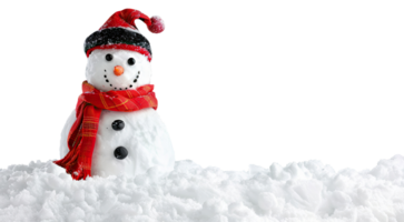 Snowman with red hat and scarf standing in snow isolated on transparent background png
