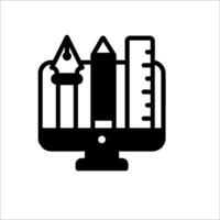 A black and white icon of a computer and pencils vector