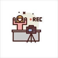 A woman is standing in front of a camera and holding up her hands vector