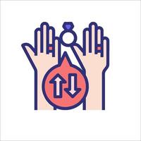 Two hands holding up a diamond ring with an arrow pointing to it vector