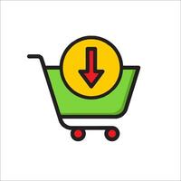 A shopping cart with a red arrow pointing down vector