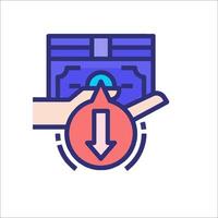 A hand holding a wallet with a red arrow pointing down vector