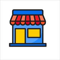 A small store with a red awning and a yellow sign vector