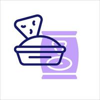 A blue and white line icon of a container with a slice of pizza vector