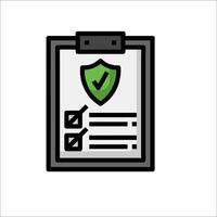A clipboard with a green check mark and a shield icon vector