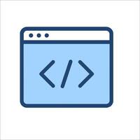 A blue icon of a computer screen with a code symbol vector