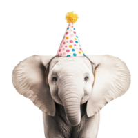 Cute elephant wearing a colorful party hat, isolated on transparent background. png