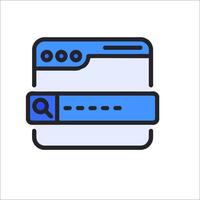 A blue icon of a browser with a magnifying glass vector