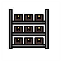 A rack of boxes with a yellow label on it vector
