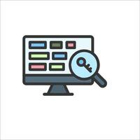A computer monitor with a magnifying glass and a key vector