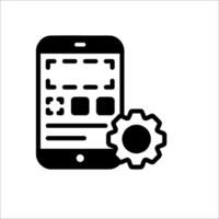 A black and white icon of a smartphone with a gear wheel vector