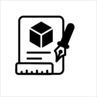 A black and white icon of a pen and paper vector