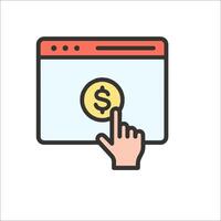 A hand pressing a button on a computer screen with a dollar sign vector