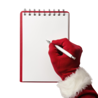 Santa Claus hand holding a pen, ready to write on a blank notepad, isolated on transparent background. png