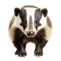 Close-up view of a badger isolated on transparent background, showcasing its distinctive black and white markings. png