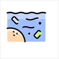 An illustration of a beach with trash floating in the water vector