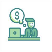 A man is sitting at a desk with a laptop and a dollar sign above him vector