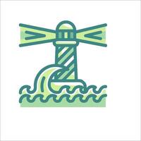 A green and white lighthouse with waves in the background vector
