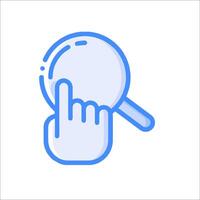 A magnifying glass with a finger pointing at it vector