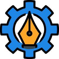 A pen and a gear wheel with a blue and orange background vector