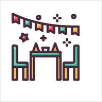 A table and chairs with a bunting and decorations vector