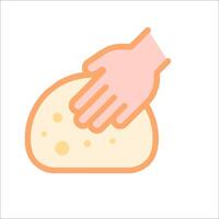A hand is touching a bread with cheese on it vector