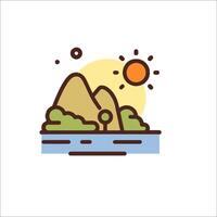 A mountain and a river with sun and clouds vector