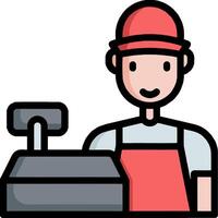 A man in an apron is standing behind a cash register vector