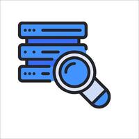 A magnifying glass icon with a stack of data vector