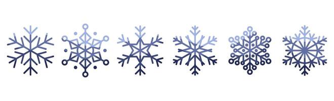Collection of icons in the form of snowflakes in blue gradient. Set of linear icons of snowflakes of different shapes on a white background. Clip art for the design of New Year and Christmas designs. vector