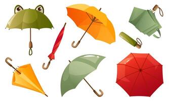Set of open and folded umbrellas, different types and colors. Umbrellas with handles for protection from rain, waterproof umbrella. Children umbrella with frog eyes. Cvollection of umbrellas. vector