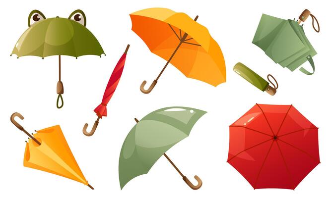 Set of open and folded umbrellas, different types and colors. Umbrellas with handles for protection from rain, waterproof umbrella. Children umbrella with frog eyes. Cvollection of umbrellas.