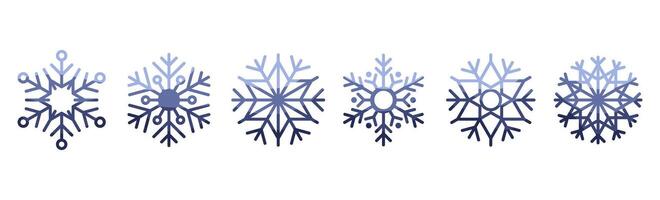 Collection of icons in the form of snowflakes in blue gradient. Set of linear icons of snowflakes of different shapes on a white background. Clip art for the design of New Year and Christmas designs. vector