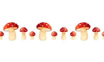 illustration seamless border of fly agarics on white background, mushrooms are red with white spots. Border frame of fly agarics with empty space for text. Fairytale mushrooms. vector
