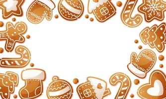 Rectangular frame of gingerbread of different shapes on white background, template. Empty space for text. Christmas gingerbread cookies, gingerbread man. Suitable for New Year and Christmas design vector