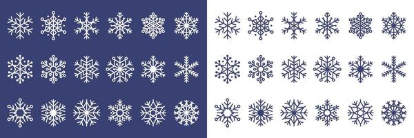 Collection of blue snowflake icons. Set of linear snowflake icons of different shapes on a white background. White snowflakes on a blue background. Clip art for New Year and Christmas designs, cards. vector