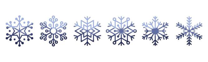 Collection of icons in the form of snowflakes in blue gradient. Set of linear icons of snowflakes of different shapes on a white background. Clip art for the design of New Year and Christmas designs. vector