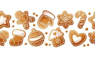 Seamless border made of gingerbread of different shapes. Christmas pattern made of gingerbread cookies in the form of a man, gingerbread house, star and Christmas tree ball. New Year's design. vector