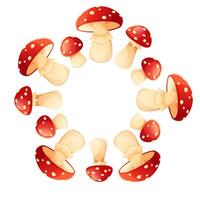 illustration of a round wreath of fly agarics on a white background, mushrooms are red with white spots. Round frame of fly agarics with empty space for text. Fairytale mushrooms. vector