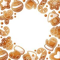 Square frame of gingerbread of different shapes on white background. Empty space for text. Christmas gingerbread cookies, gingerbread man. Suitable for New Year and Christmas design vector