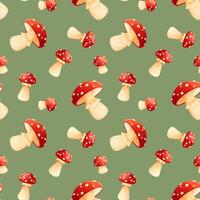 Seamless pattern red fly agarics with white specks on a green background. Forest fairytale, poisonous mushrooms. Design for forest and fairytale packaging, textiles, wallpapers and backgrounds. vector