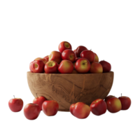 Photograph showcasing a wooden bowl full of vibrant red apples png