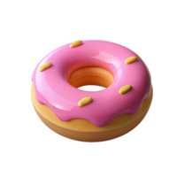 A 3d donut with pink icing on it is shown on a transparent background png