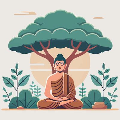 illustration of Lord Buddha seated peacefully under the Bodhi tree